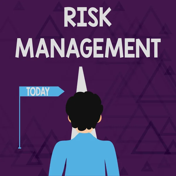 Writing note showing Risk Management. Business photo showcasing evaluation of financial hazards or problems with procedures Man Facing Distance and Blocking the View of Straight Narrow Path. — 스톡 사진