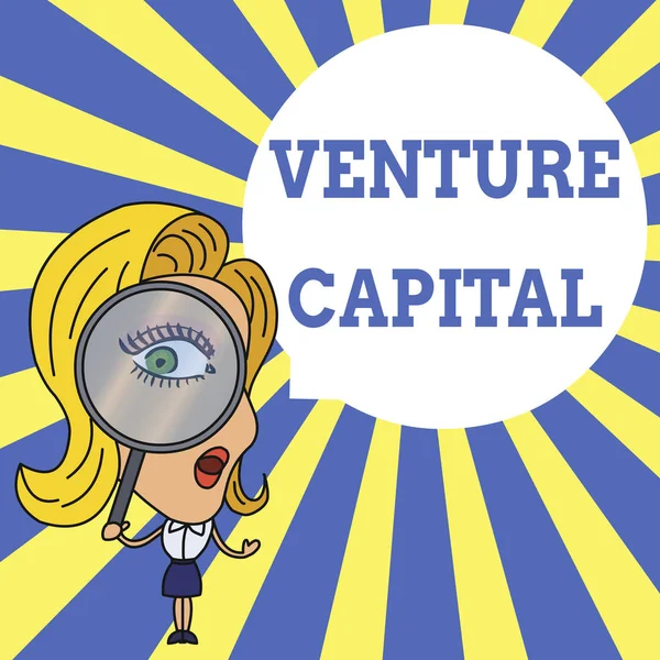 Word writing text Venture Capital. Business concept for financing provided by firms to small early stage ones Woman Looking Trough Magnifying Glass Big Eye Blank Round Speech Bubble.