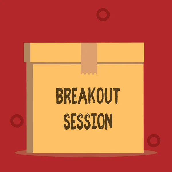 Word writing text Breakout Session. Business concept for workshop discussion or presentation on specific topic Close up front view open brown cardboard sealed box lid. Blank background.
