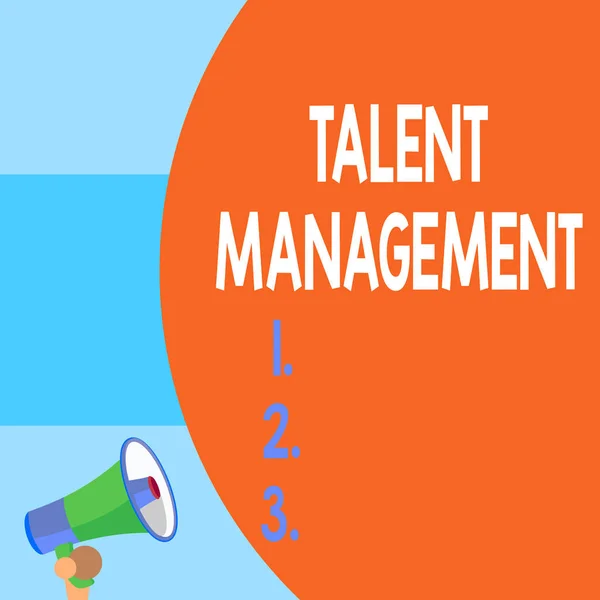 Handwriting text writing Talent Management. Concept meaning Acquiring hiring and retaining talented employees Half part blank huge balloon empty text with small megaphone. Announcement.