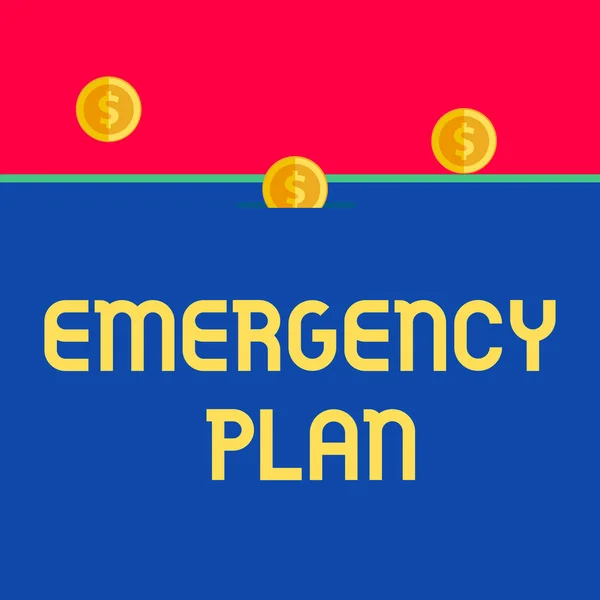 Word writing text Emergency Plan. Business concept for Procedures for response to major emergencies Be prepared Front view close up three penny coins icon one entering collecting box slot.