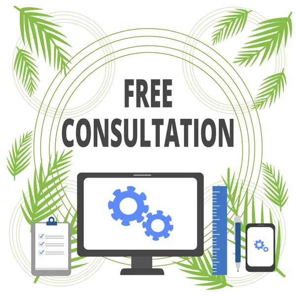 Handgeschreven tekst schrijven gratis consultatie. Concept voor het geven van medische en juridische discussies zonder pay business concept PC monitor mobiel apparaat Klembord liniaal balpen. — Stockfoto