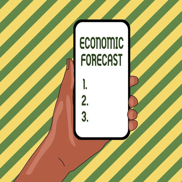 Handwriting text Economic Forecast. Concept meaning Process of making predictions about the economy condition Closeup of Smartphone Device Held in Hand with Empty Screen and Text Space. — Stock Photo, Image