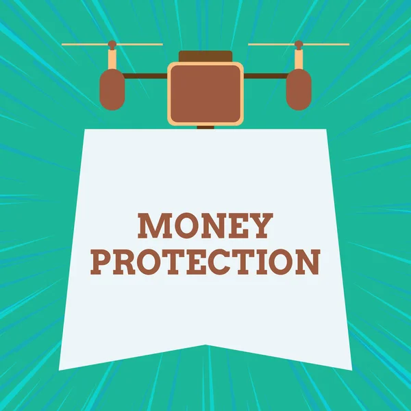 Text sign showing Money Protection. Conceptual photo protects the rental money tenant pays to landlord Drone holding downwards banner. Geometrical abstract background design.