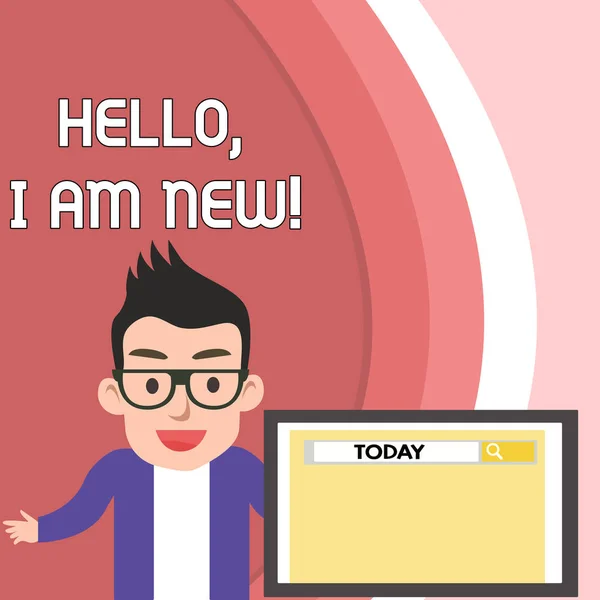 Tekst pisma ręcznego Hello I am New. Pojęcie oznacza wprowadzenie siebie w grupie jako świeży pracownik lub student męski głośnik monitor z narzędziem wyszukiwania na ekranie prezentacja lub raport. — Zdjęcie stockowe