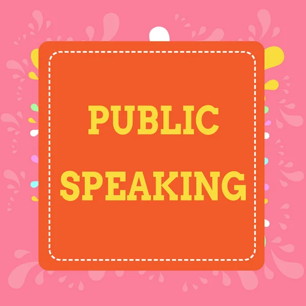 Writing note showing Public Speaking. Business photo showcasing talking showing stage in subject Conference Presentation Dashed Stipple Line Blank Square Colored Cutout Frame Bright Background.