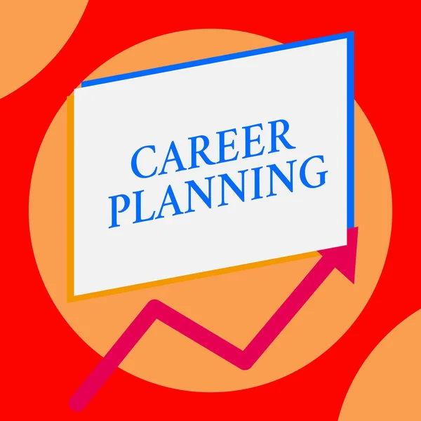 Writing note showing Career Planning. Business photo showcasing A list of goals and the actions you can take to achieve them One blank rectangle above another arrow zigzag upwards increasing sale. — 스톡 사진