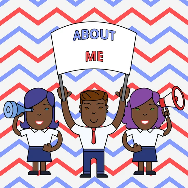 Hakkımda Gösteren Kavramsal el yazısı. İş fotoğraf vitrinsizin iyi ve kötü özellikleri ve geçmiş olaylar Banner, Megafon ve Spy Glass Gösteri ile Insanlar listesini söylüyorum.