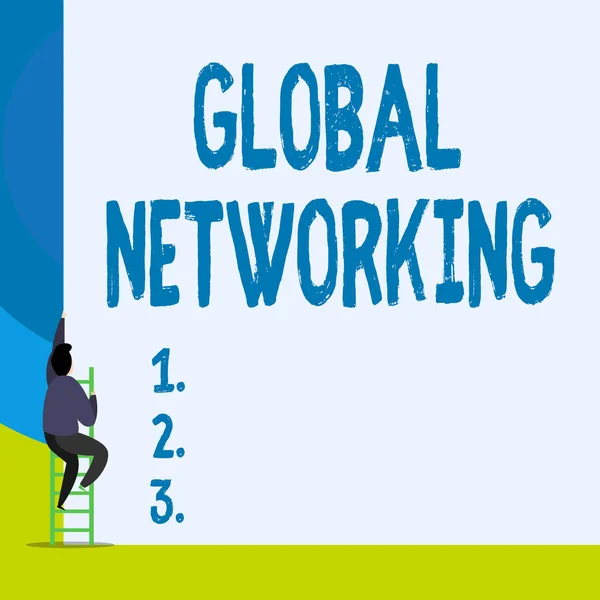 Szövegírás szöveg Global Networking. Üzleti koncepció a kommunikációs hálózat, amely átfogja az egész Föld Wan Vissza nézet fiatalember mászik fel lépcsőn létra fekvő nagy üres téglalap. — Stock Fotó