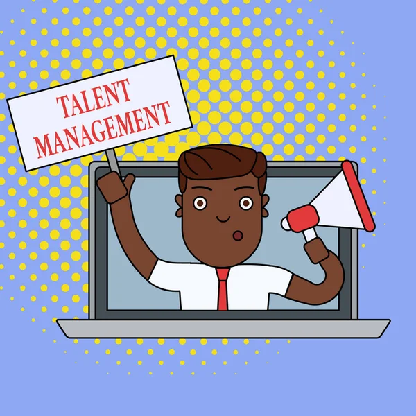 Text sign showing Talent Management. Conceptual photo Acquiring hiring and retaining talented employees Man Speaking Through Laptop Screen into Megaphone Blank Plate with Handle.