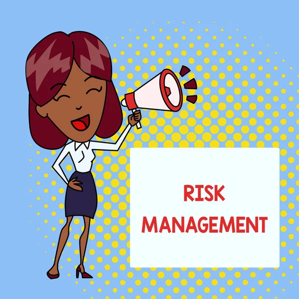 Handwriting text writing Risk Management. Concept meaning evaluation of financial hazards or problems with procedures Young Woman Speaking into Blowhorn Volume Icon Colored Backgdrop Text Box.