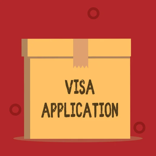 Word writing text Visa Application. Business concept for Form to ask permission travel or live in another country Close up front view open brown cardboard sealed box lid. Blank background.