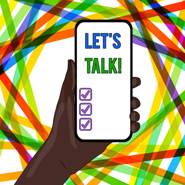 Pisanie tekstu pisma ręcznego Let S is Talk. Pojęcie znaczenie sugerujące na początku rozmowy na temat zbliżenie smartphone urządzenia trzymane w ręku z pustym ekranie i przestrzeni tekstowej. — Zdjęcie stockowe