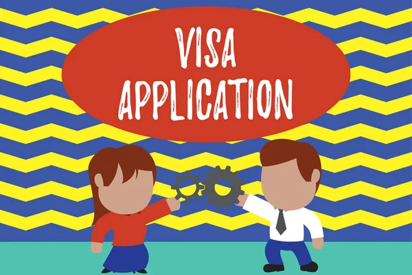 Conceptual hand writing showing Visa Application. Business photo text Form to ask permission travel or live in another country Young couple sharing gear Man tie woman skirt relation.
