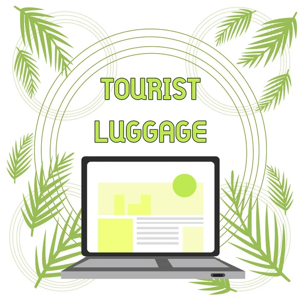 Handskrifts text turist bagage. Koncept som betyder stor påse som innehåller allt man behöver för att resa öppen modern laptop påslagen med hemsida hemsida på skärmen webbsökning. — Stockfoto