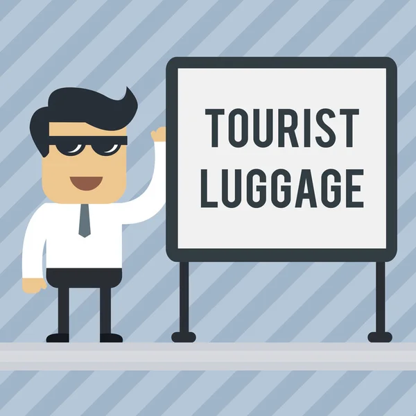 Writing note showing Tourist Luggage. Business photo showcasing big bag that contains everything one needs for traveling Office Worker Sunglass Blank Whiteboard Meeting Presentation. — 스톡 사진