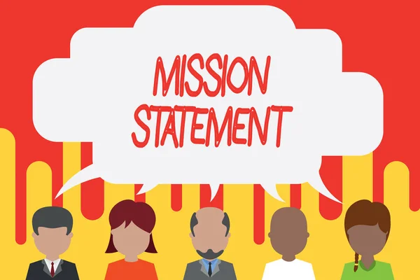 Handwriting text Mission Statement. Concept meaning Formal summary of the aims and values of a company Five different races persons sharing blank speech bubble. People talking.