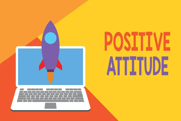 Text sign showing Positive Attitude. Conceptual photo Being optimistic in Life Looking for good things Launching rocket up laptop . Startup project. Developing goal objectives.