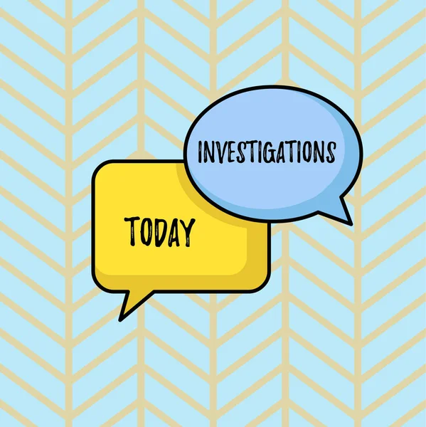 Writing note showing Investigations. Business photo showcasing The formal action or systematic examination about something Pair of Overlapping Blank Speech Bubbles of Oval and Rectangular Shape. — 스톡 사진