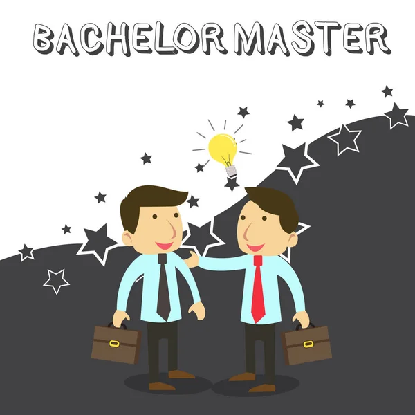 Textschreiben Bachelor Master. Business-Konzept für einen fortgeschrittenen Abschluss nach dem Bachelor ist Abschluss zwei weiße Geschäftsleute Kollegen mit kurzen Fällen teilen Idee Lösung. — Stockfoto