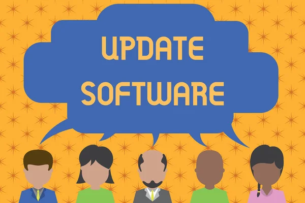 Word writing text Update Software. Business concept for replacing program with a newer version of same product Five different races persons sharing blank speech bubble. People talking. — 스톡 사진