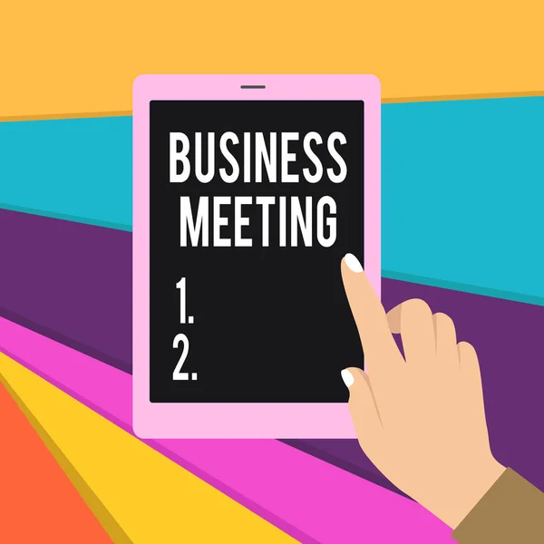 Word writing text Business Meeting. Business concept for used discuss issues that cannot be addressed in simple way Female Hand with White Polished Nails Pointing Finger Tablet Screen Off. — 스톡 사진