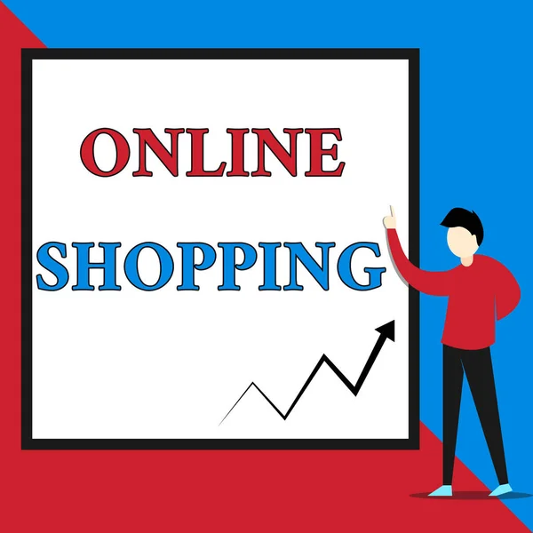 Σύμβολο κειμένου που δείχνει Online Αγορές. Εννοιολογική φωτογραφία επιτρέπει στους καταναλωτές να αγοράσουν τα προϊόντα τους μέσω του Διαδικτύου Προβολή νεαρός άνδρας στέκεται δείχνοντας κενό ορθογώνιο Γεωμετρικό υπόβαθρο. — Φωτογραφία Αρχείου