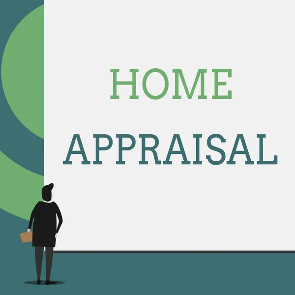 Text sign showing Home Appraisal. Conceptual photo Determines the real worth and the Evaluation of property Back view young woman watching blank big rectangle. Geometrical background.
