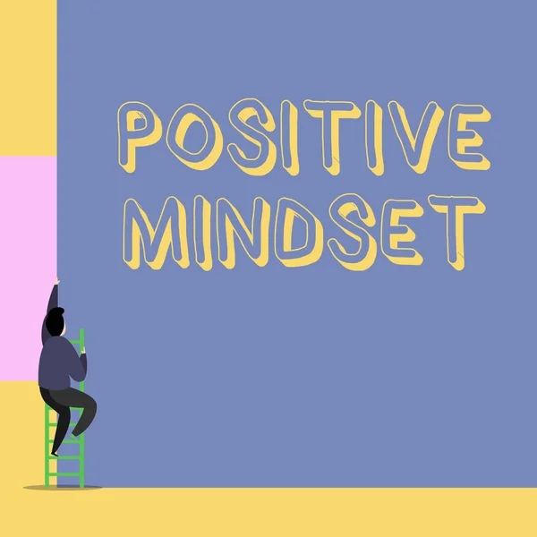 Word writing text Positive Mindset. Business concept for mental and emotional attitude that focuses on bright side Back view young man climbing up staircase ladder lying big blank rectangle.