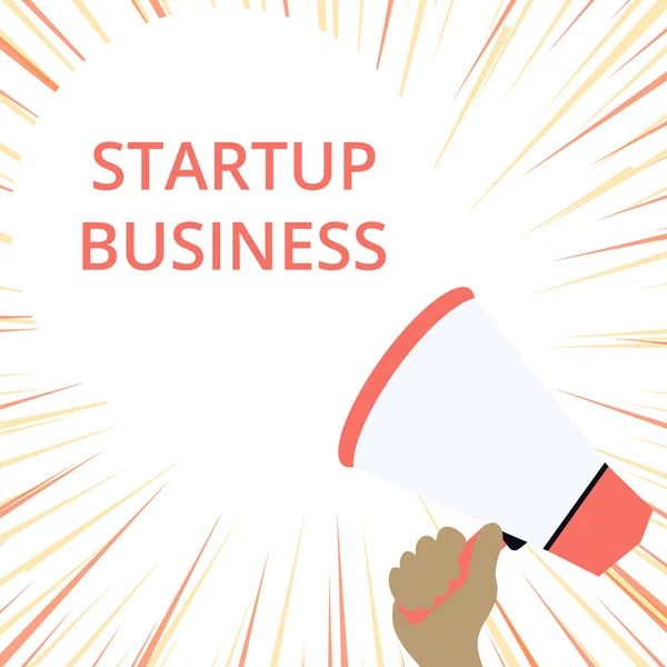 Word writing text Startup Business. Business concept for Engaging to a New Venture Fresh Trading and Selling Hand Holding Loudhailer Empty Round Speech Text Balloon Announcement New. — 스톡 사진