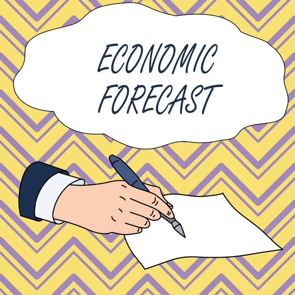 Conceptual hand writing showing Economic Forecast. Business photo text Process of making predictions about the economy condition Male Hand Formal Suit Holding Ballpoint Pen Piece of Paper Writing. — Stock Photo, Image