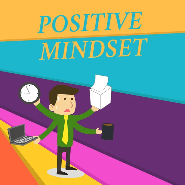 Написання тексту почерком Positive Mindset. Концепція, що означає ментальне та емоційне ставлення, яке фокусується на яскравій стороні Наголошено менеджером чоловіків Багато озброєних багатозадачних зустрічаються . — стокове фото