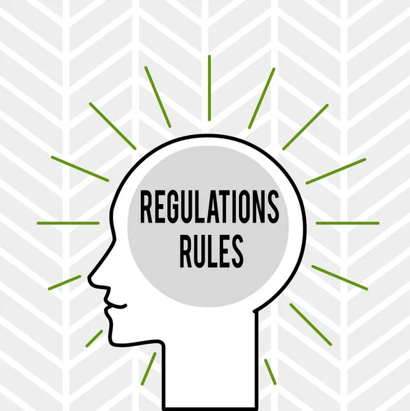 Handwriting text writing Regulations Rules. Concept meaning Standard Statement Procedure govern to control a conduct Outline Silhouette Human Head Surrounded by Light Rays Blank Text Space. — Stock Photo, Image