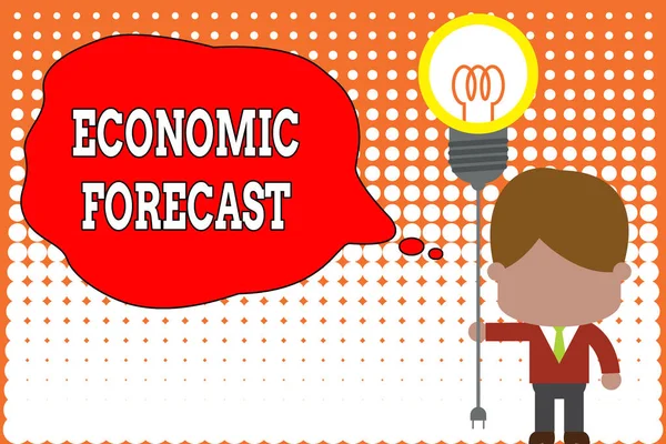 Handwriting text writing Economic Forecast. Concept meaning Process of making predictions about the economy condition Standing man tie holding plug socket light bulb to connect idea. Startup. — Stock Photo, Image