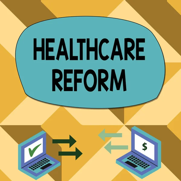 Text sign showing Healthcare Reform. Conceptual photo Innovation and Improvement in the quality of care program Exchange Arrow Icons Between Two Laptop with Currency Sign and Check Icons.