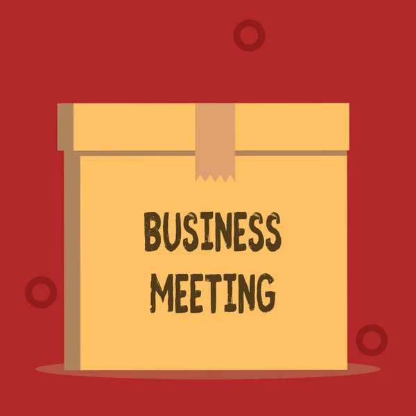 Word writing text Business Meeting. Business concept for used discuss issues that cannot be addressed in simple way Close up front view open brown cardboard sealed box lid. Blank background. — 스톡 사진