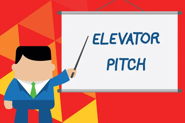 Conceptual hand writing showing Elevator Pitch. Business photo text A persuasive sales pitch Brief speech about the product Businessman standing in front projector pointing project idea.