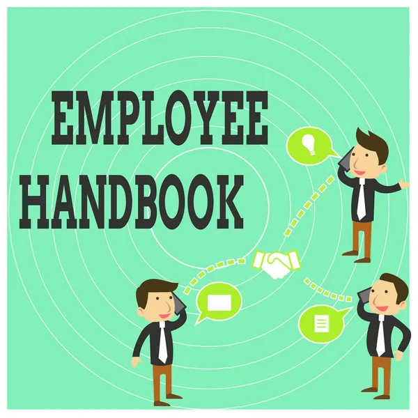 Conceptual hand writing showing Employee Handbook. Business photo text Document that contains an operating procedures of company Businessmen Coworker Conference Call Discussion Mobile Phone. — Stock Photo, Image