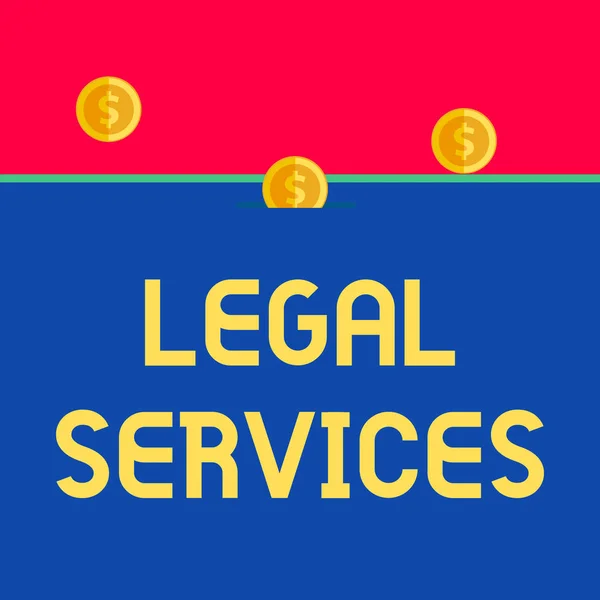 Word writing text Legal Services. Business concept for Providing access to justice Fair trial Law equality Front view close up three penny coins icon one entering collecting box slot.