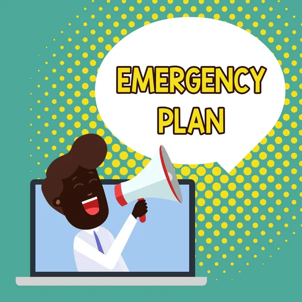 Text sign showing Emergency Plan. Conceptual photo Procedures for response to major emergencies Be prepared Man Speaking Through Laptop into Loudhailer Blank Speech Bubble Announce.