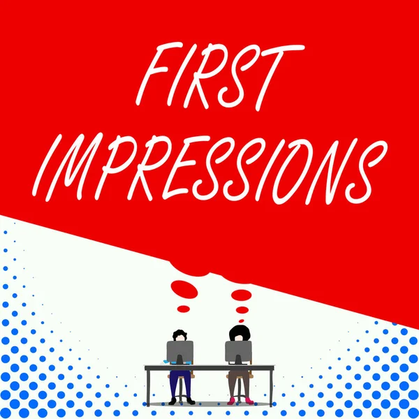 Text sign showing First Impressions. Conceptual photo What a demonstrating thinks of you when they first meet you Two men sitting behind desk each one laptop sharing blank thought bubble.