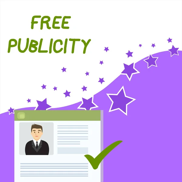Text sign showing Free Publicity. Conceptual photo Promotional marketing Mass media Public Relations Editorial Curriculum Vitae Resume of Young Male Candidate Marked by Colored Checkmark. — Stock Photo, Image