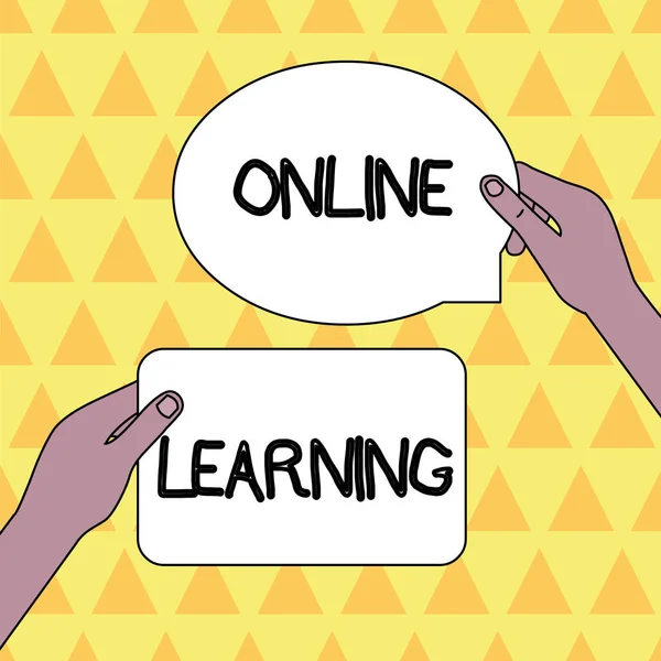 Handwriting text Online Learning. Concept meaning Larning with the assistance of the Internet and a computer Two Blank Figured Tablets Signs Held in Hands One Above Other Text Space. — Stock Photo, Image