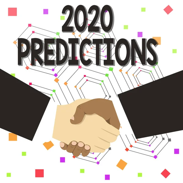 Text sign showing 2020 Predictions. Conceptual photo list of things you feel that going to happen without proof Hand Shake Multiracial Male Business Partners Colleagues Formal Black Suits.
