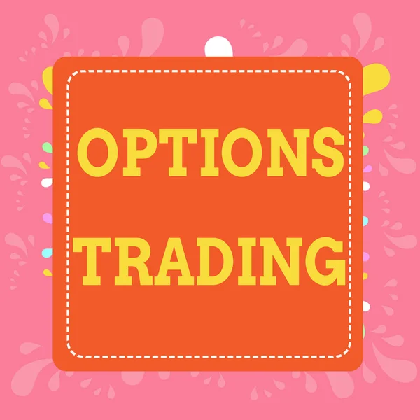 Writing note showing Options Trading. Business photo showcasing Different options to make goods or services spread worldwide Dashed Stipple Line Blank Square Colored Cutout Frame Bright Background.