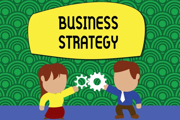 Word Writing Text Business Strategy. Business-Konzept für Management-Spiel-Plan, um das gewünschte Ziel oder objektiv stehende junge Paar teilen Ausrüstung zu erreichen. Mann Krawatte Frau Rock Handel Beziehung. — Stockfoto