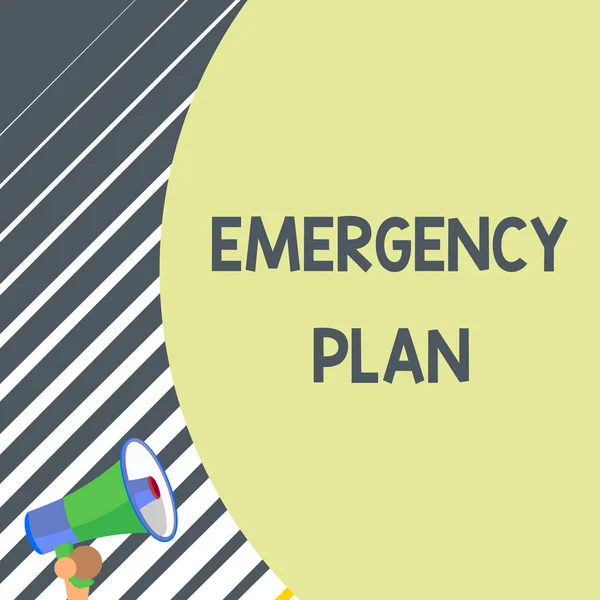 Writing note showing Emergency Plan. Business photo showcasing Procedures for response to major emergencies Be prepared Old design of speaking trumpet loudspeaker for talking to audience.