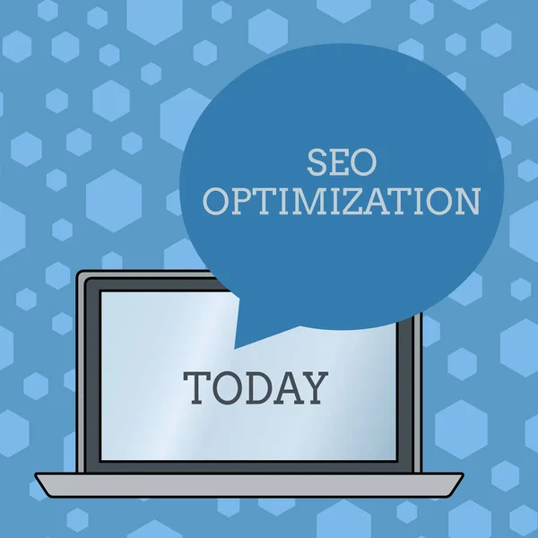 Word writing text Seo Optimization. Business concept for process of affecting online visibility of website or page Round Shape Empty Speech Bubble Floating Over Open Laptop Colored Backdrop. — 스톡 사진