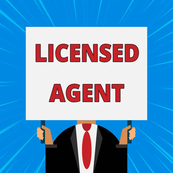 Handwriting text writing Licensed Agent. Concept meaning Authorized and Accredited seller of insurance policies Just man chest dressed dark suit tie no face holding blank big rectangle.