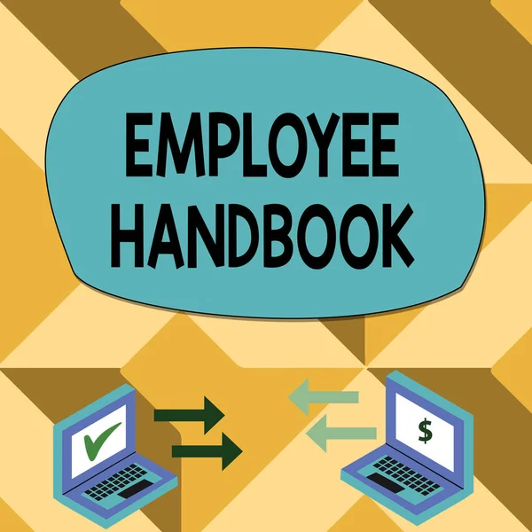 Text sign showing Employee Handbook. Conceptual photo Document that contains an operating procedures of company Exchange Arrow Icons Between Two Laptop with Currency Sign and Check Icons.